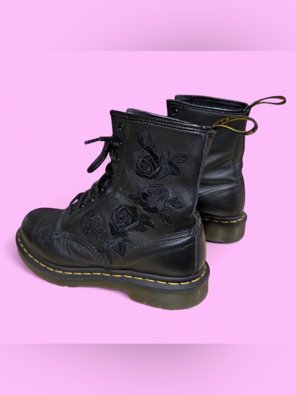 Dr. Martens Black Embroidered Rose Lace-Up Combat Boots
